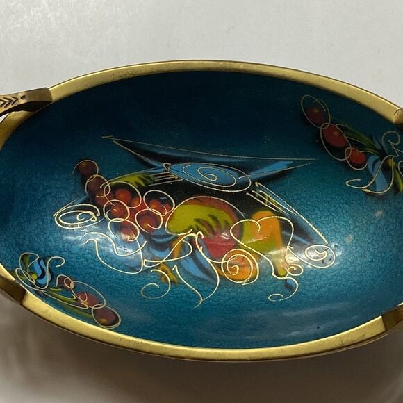 Vintage 1960 Enamel Judaica Teal Brass Fruit Bowl Display Plate Made In Israel - Picture 3 of 10